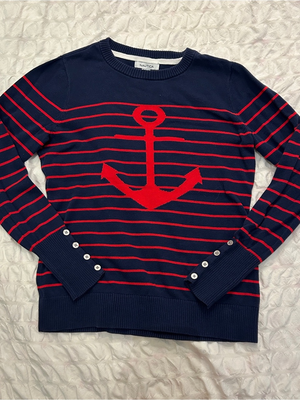 Nautica Navy Crewneck Sweater with Red Anchor & Stripes